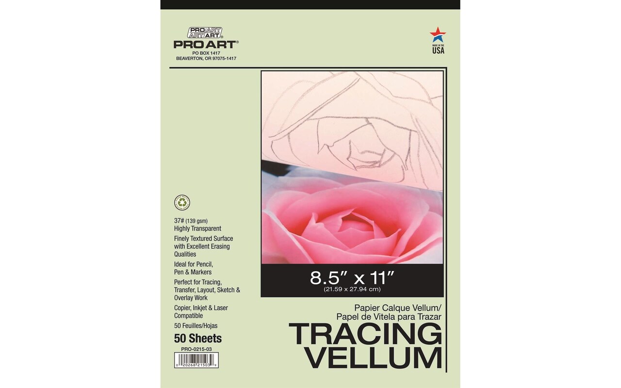 PRO ART Tracing Vellum Paper Pad, 37lb, 8.5" x 11", 50 sheets, Translucent Tracing Paper for tracing and drawing, pattern paper for sewing, drafting paper, protecting artwork